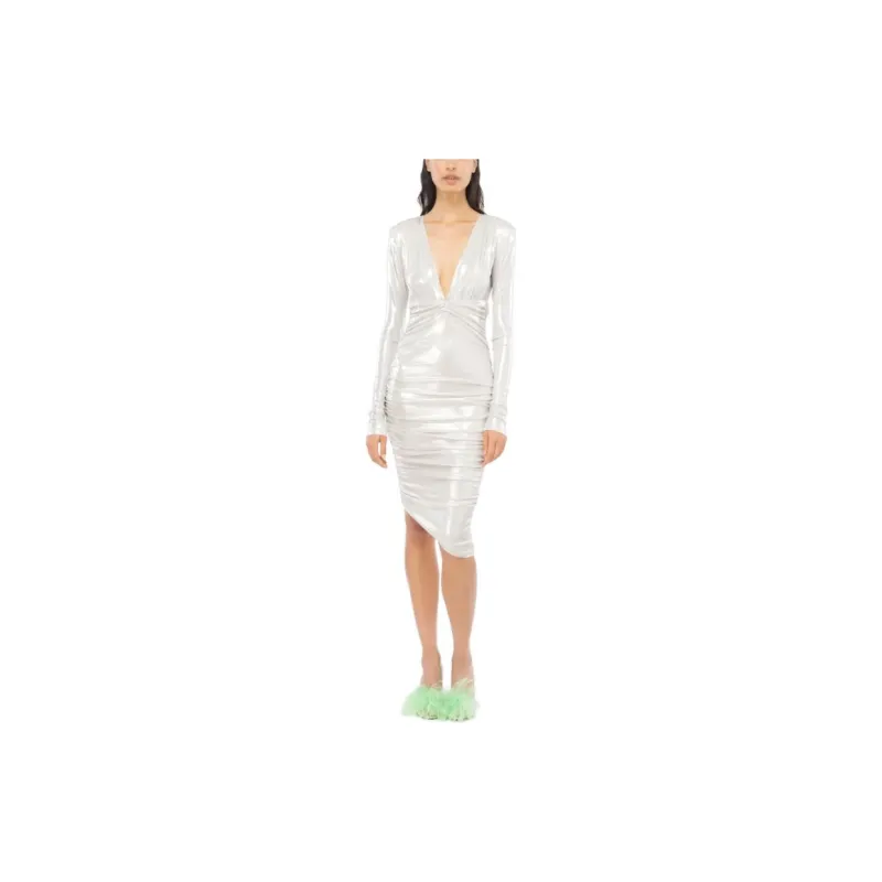 PINKO Asymmetric Hem Gathered Metallic Midi Dress-2