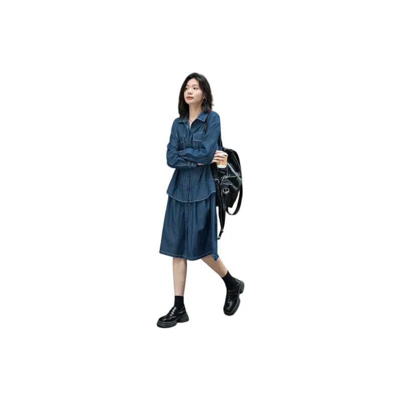 【dme】 Long Sleeved Dress Women's Denim Blue-2