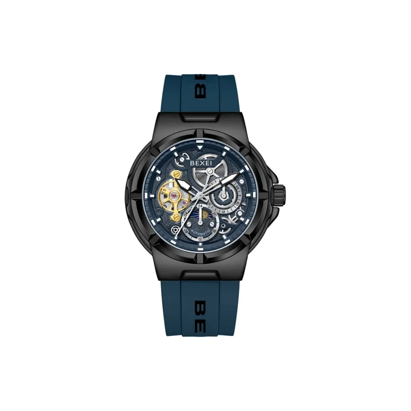 BEXEI Black Warrior Mechanical Movement Rubber Strap Watch Men's Watches Cut-Out Dial-21