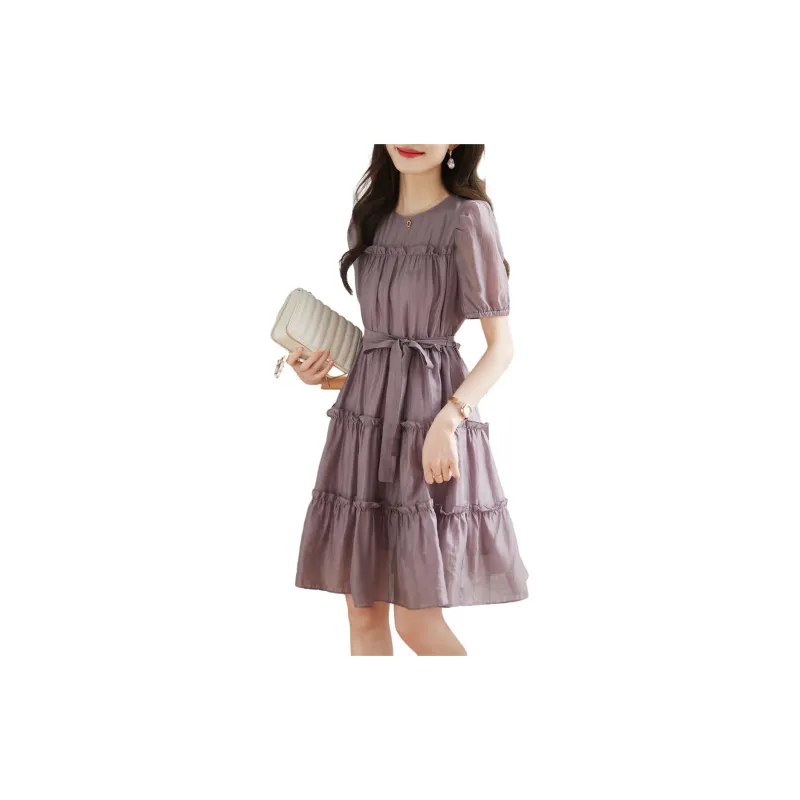 Still Quiet Short Sleeved Dresses Women's Purple-3