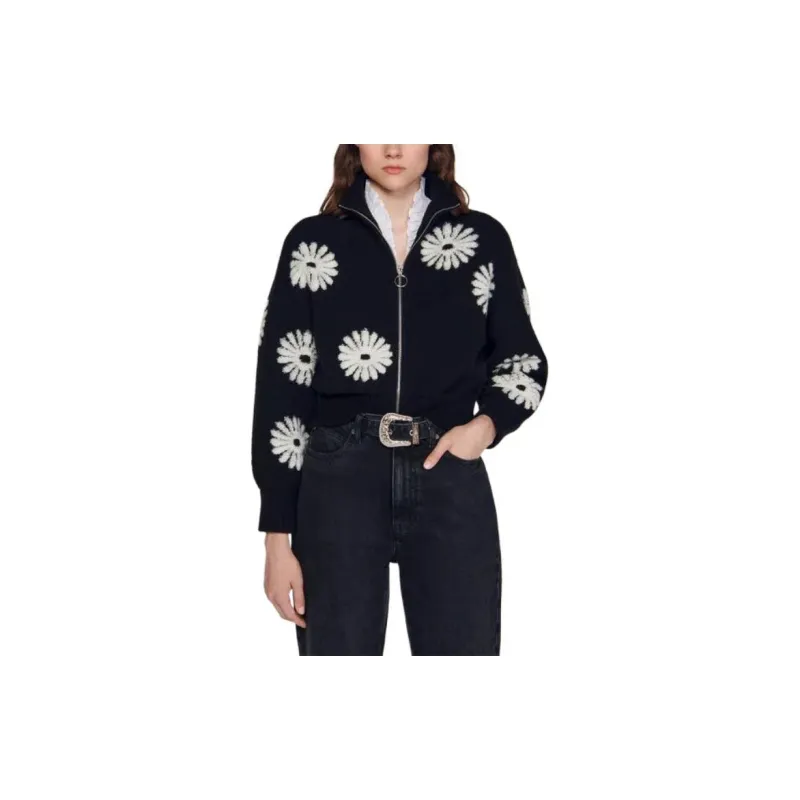 Sandro Floral Trucker Style Sweater Women's Black-5