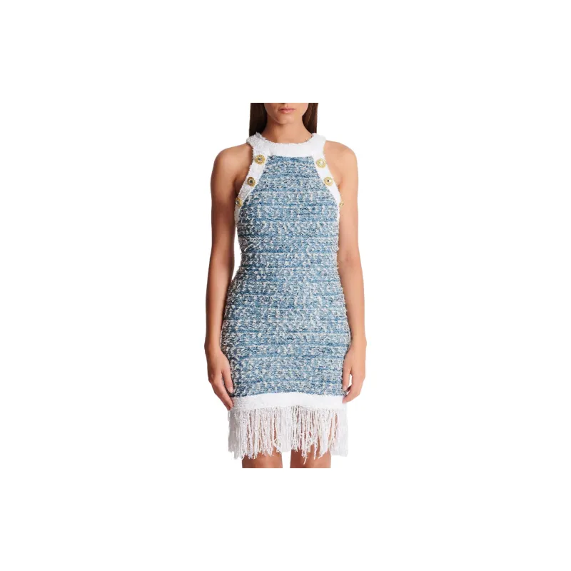 BALMAIN Fringed Denim Tweed Dress-2
