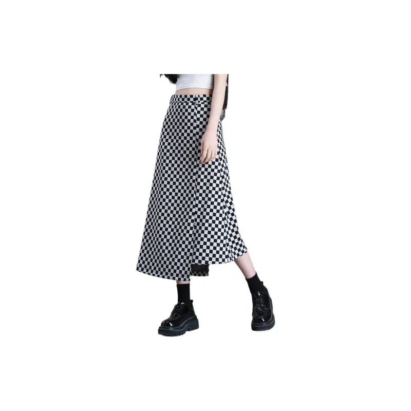 You Cow Me Pants Casual Long Skirts Women's Black White Plaid-4