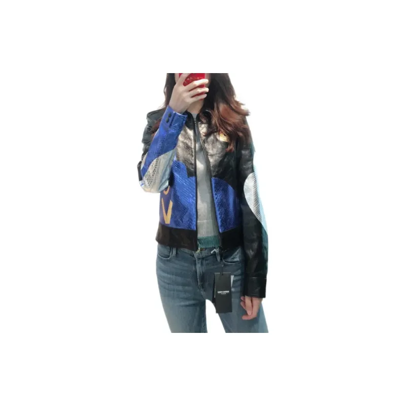 SAINT LAURENT Leather Jacket Women's Blue, Black & Multicolor-1