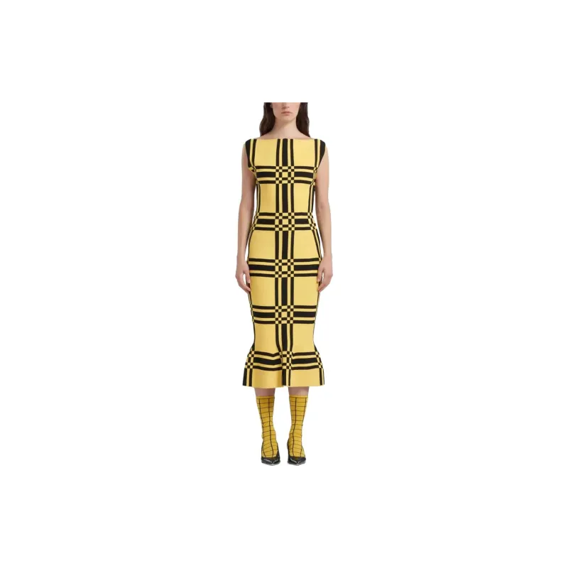 MARNI Maxi Check Viscose Sheath Dress 'Maize'-1