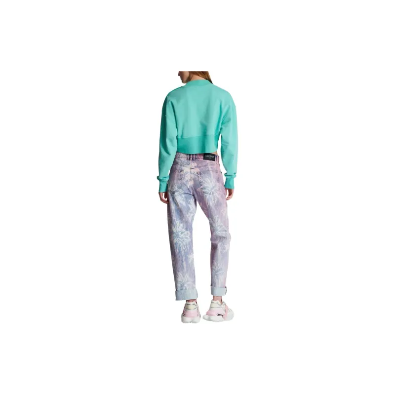 BALMAIN Logo Printed Crewneck Cropped Sweatshirt-2