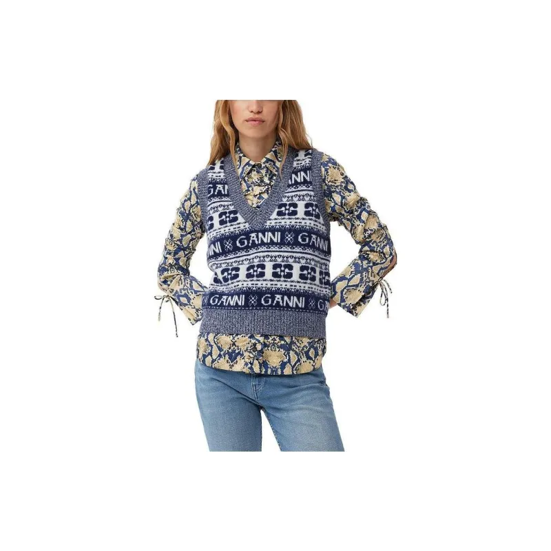 GANNI Logo Intarsia Knit V Neck Mix Vest-3