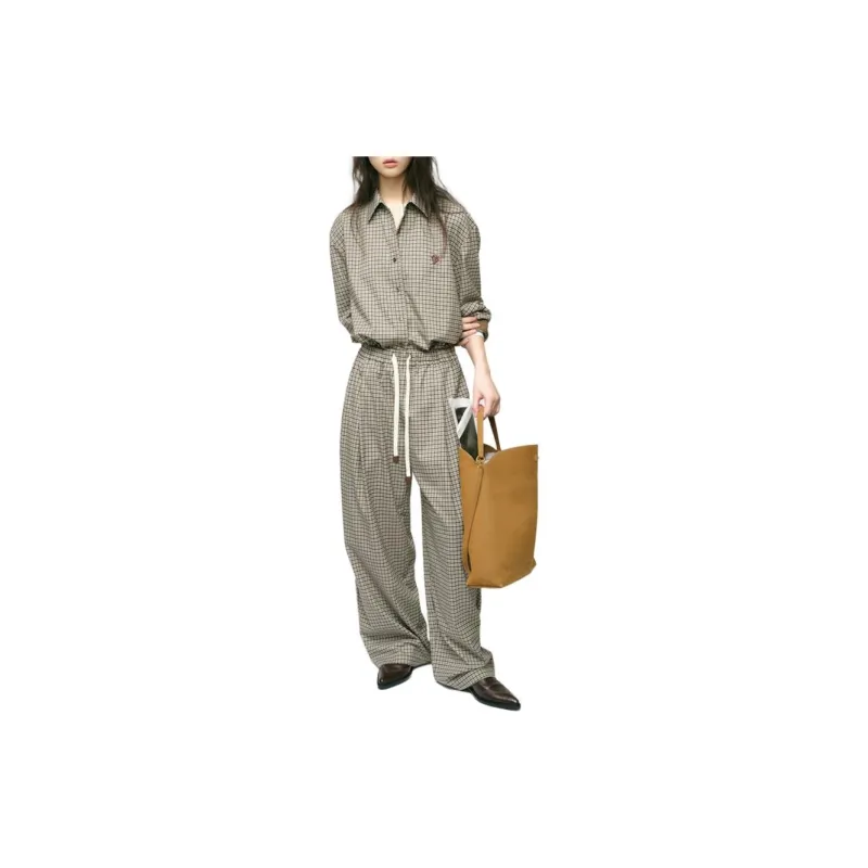 YOEYYOU Casual Pants Women's Beige/Black Plaid-1