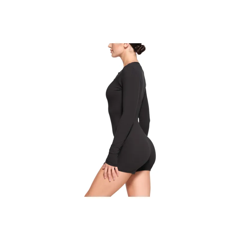 SKIMS COTTON JERSEY BUTTON UP HENLEY ONESIE Bodysuits Women's ONYX/Onyx-3
