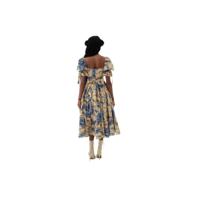 Selkie Collection SS24 Short Sleeved Dresses Women's Yellow Background Lotus Manor Print-1