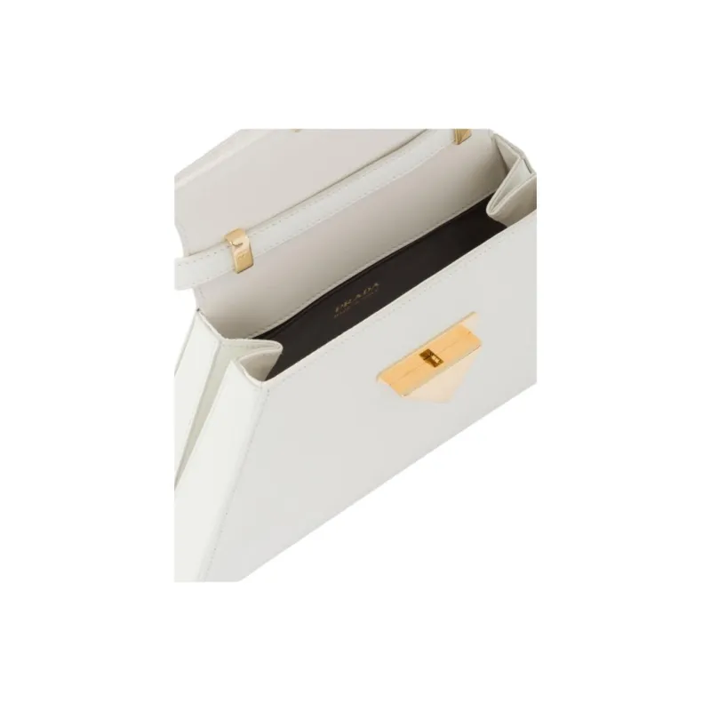 PRADA Brushed Leather Handbag Medium Size Women's White-5