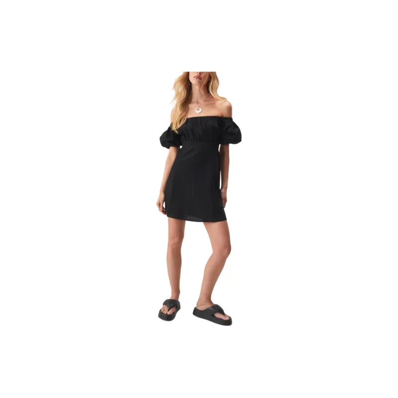 NASTY GAL Linen Mix Bardot Puff Sleeve Mini Dress Short-Sleeved Dresses Women's Black-1