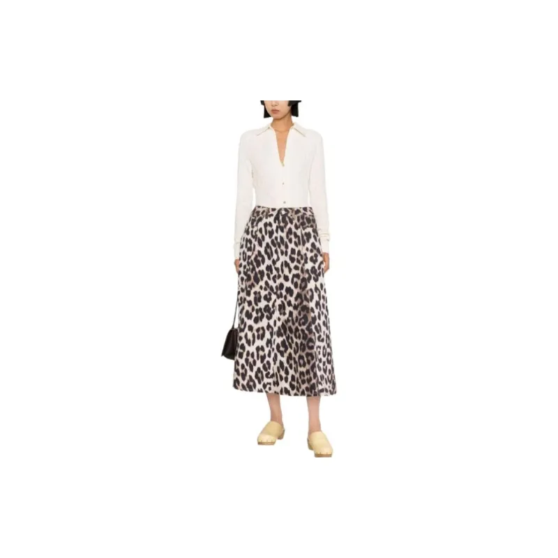 GANNI Print Denim High Waist A line Skirt 'Leopard'-1