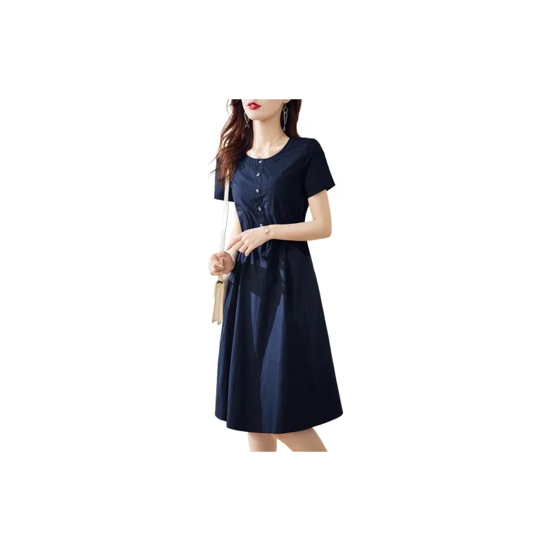 Still Quiet Short Sleeved Dress Women's Navy Blue-3
