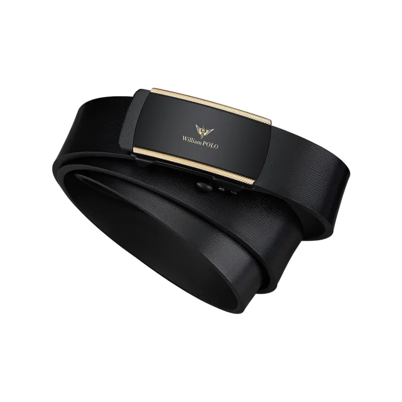 WilliamPOLO Cow Leather Leather Belts Men's Black Buckle Gold Logo 3.4cm Wide-2