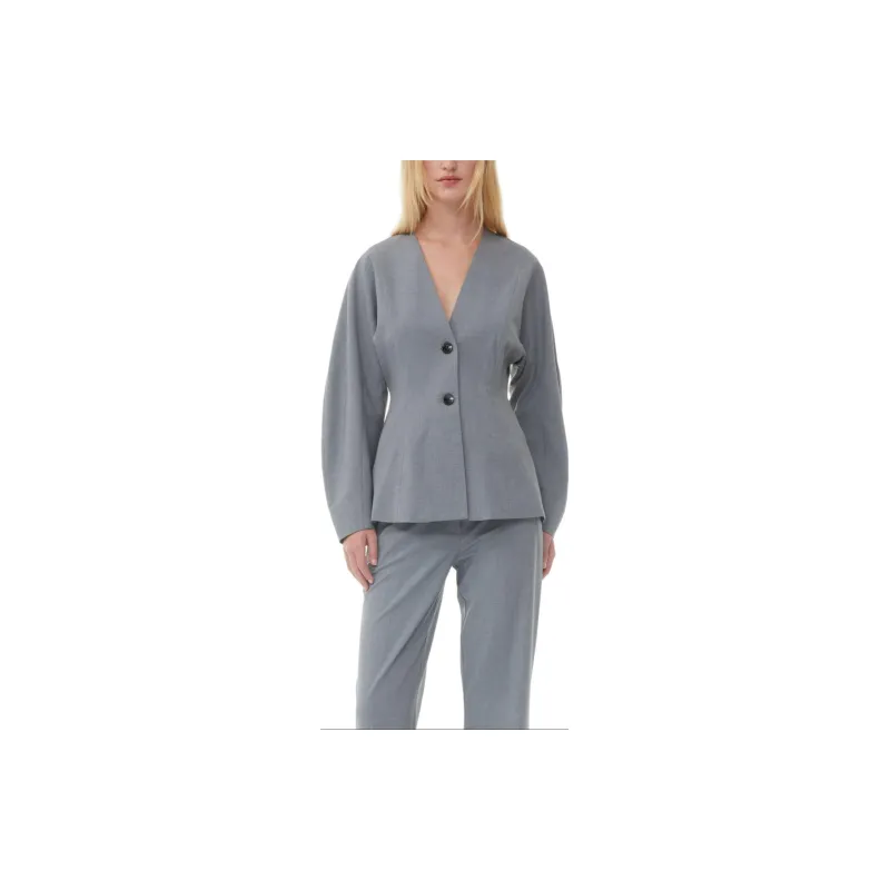 GANNI Grey Drapey Melange Fitted Blazer Business Suits Coats Women's Gray-4