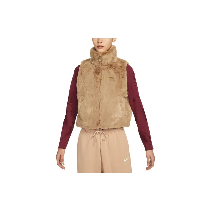 Nike Sportswear Women's Embroidered Logo Full-Zip Stand Collar Vest Brown-1