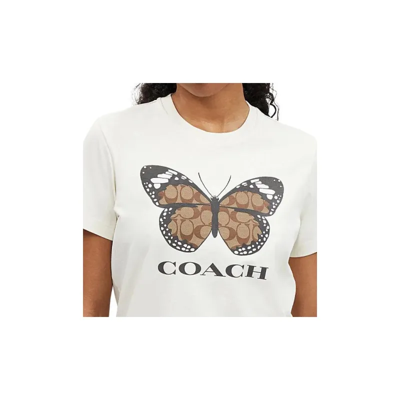 COACH Logo Letter Butterfly Print Crew Neck Short Sleeved T Shirt T Shirt Women's Cream-4