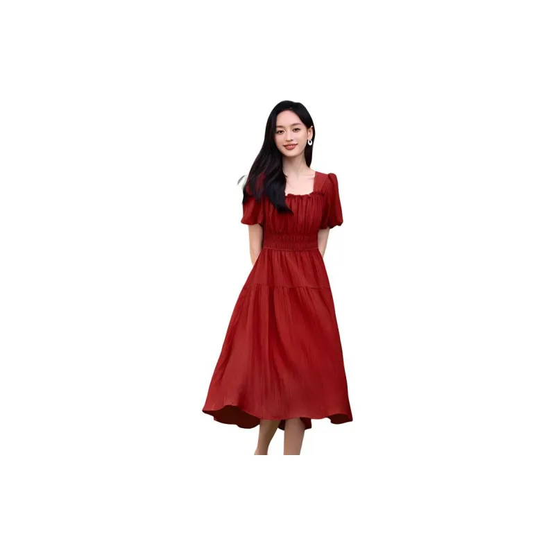 Mo Han Yi Mei SS24 Short Sleeved Dress Women's Vintage Red-2