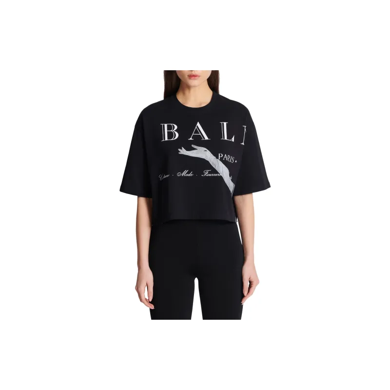 BALMAIN Jolie Madame Print Cropped T Shirt 'Black/Multicolor Grey'-4