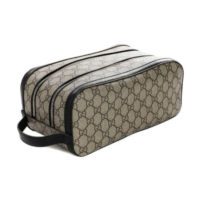 GUCCI Leather Paneled Canvas Clutch Men's Black & Beige-2