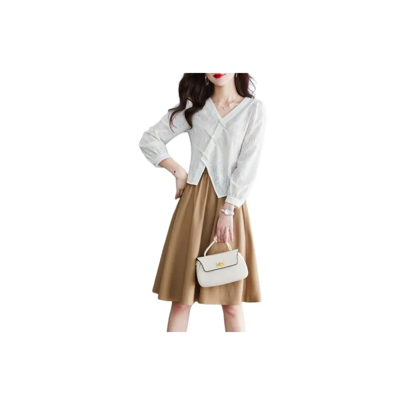 Still quiet Two Piece Skirt Sets Women's Beige+Khaki-1