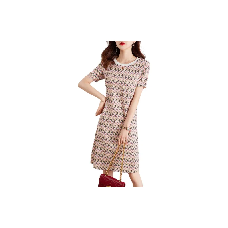 XWI Short Sleeved Dress Women's Pink Yellow Waves-0