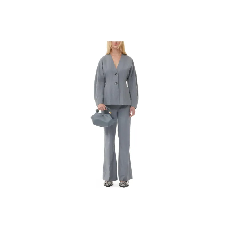 GANNI Grey Drapey Melange Fitted Blazer Business Suits Coats Women's Gray-2