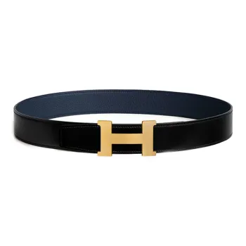 HERMES Calfskin Sterling Silver Leather Belts Women's Black/Blue Width: 3.8CM