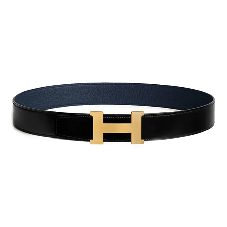 HERMES Calfskin Sterling Silver Leather Belts Women's Black/Blue Width: 3.8CM-0