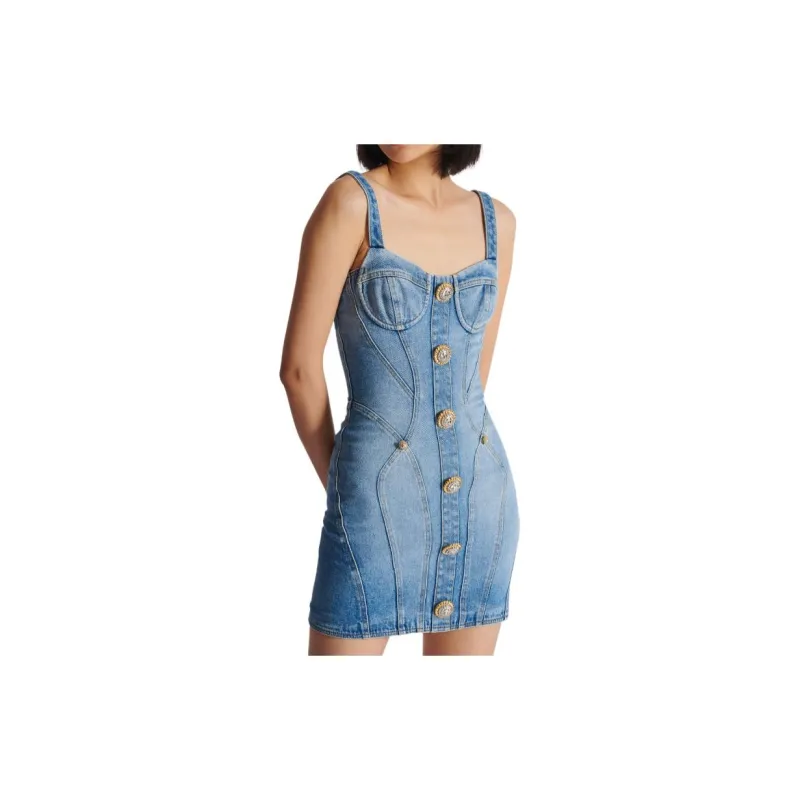 BALMAIN Buttoned Sleeveless Denim Dress-5
