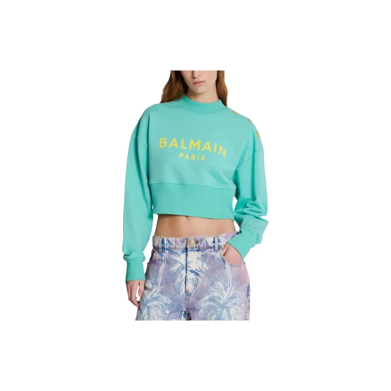 BALMAIN Logo Printed Crewneck Cropped Sweatshirt-4