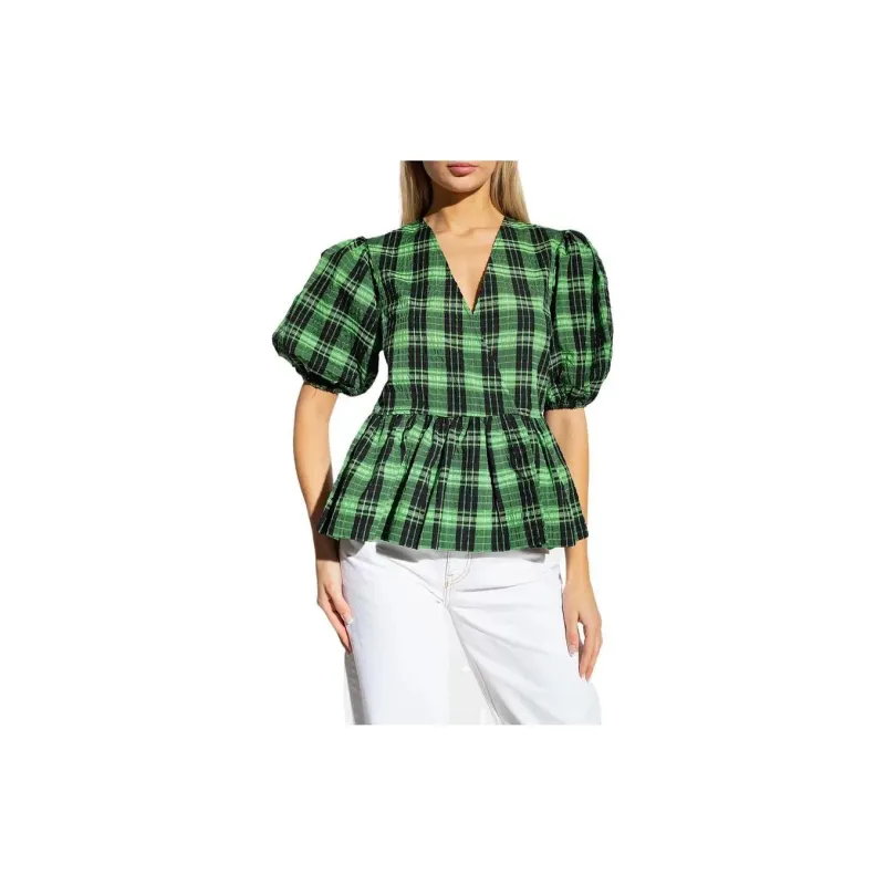 GANNI Seersucker Checked Wrapped Blouse-1