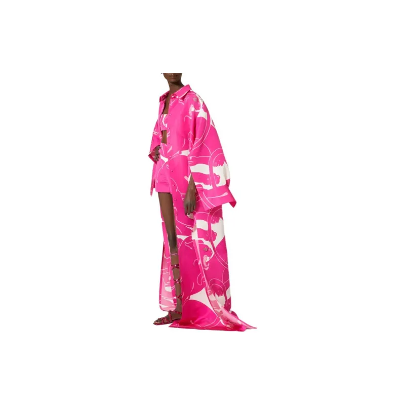 Valentino Pink Leopard Printed Luo Satin Long Skirt Long-Sleeved Dresses Women's Pink-3