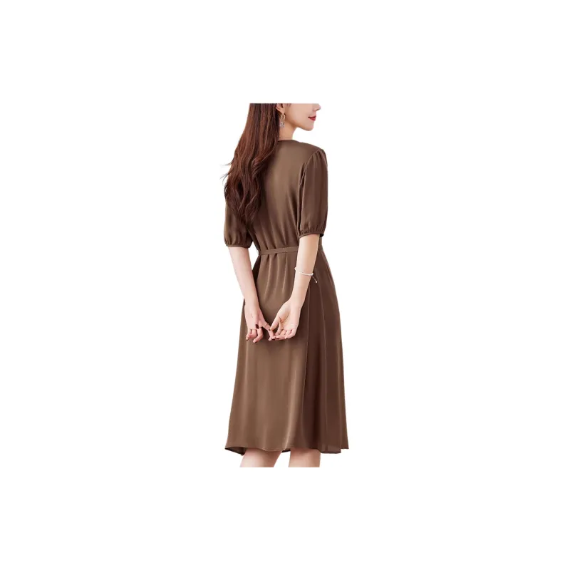 Yi Mengyuan Lace Up Silk Short Sleeved Dress Women's-11