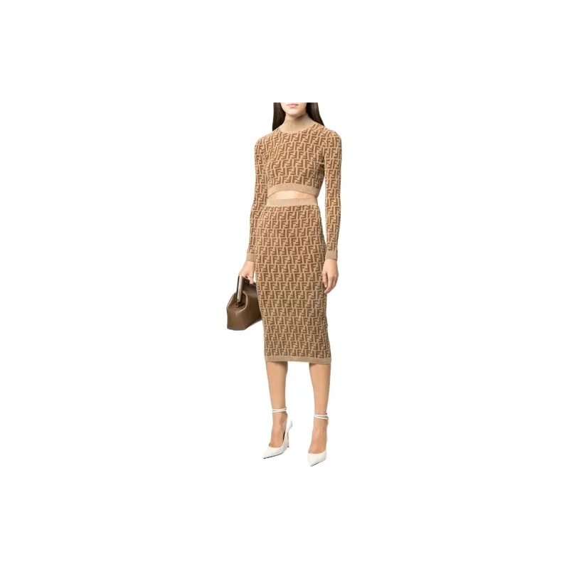 FENDI FW22 Casual Long Skirts Women's Brown-3