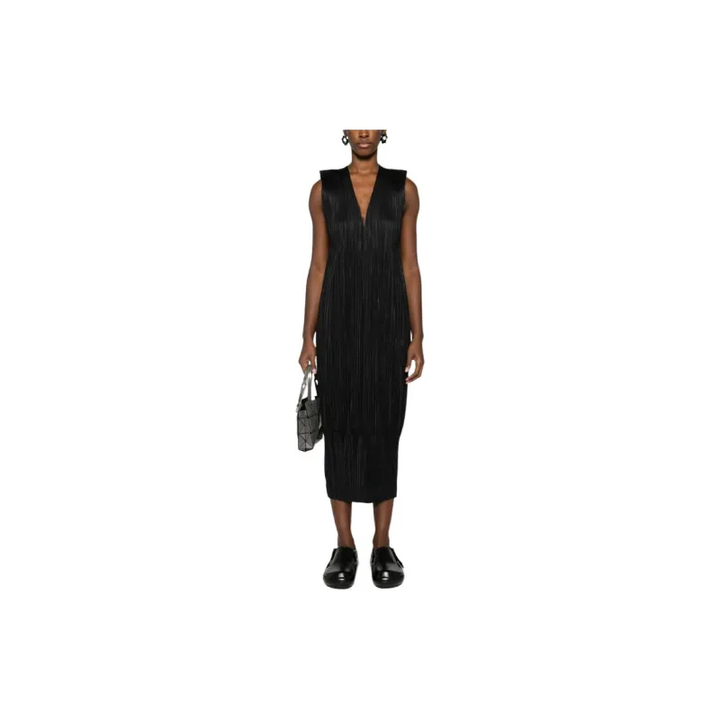 PLEATS PLEASE ISSEY MIYAKE Plissé V neck Midi Dress-1