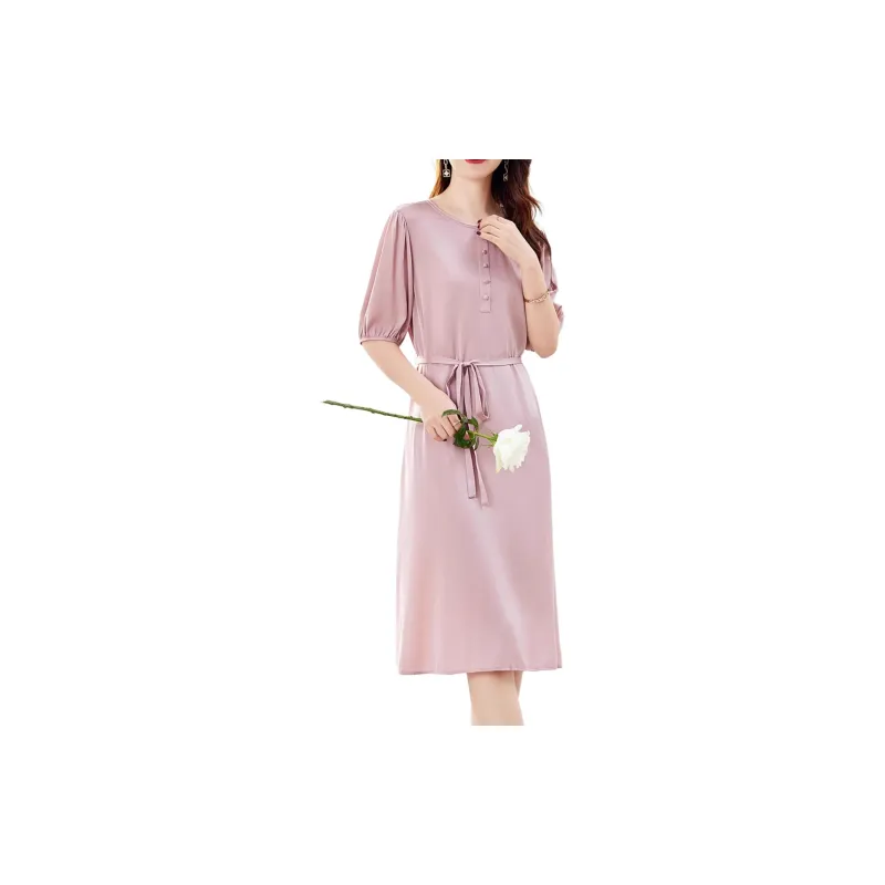 Yi Mengyuan Lace Up Silk Short Sleeved Dress Women's-16
