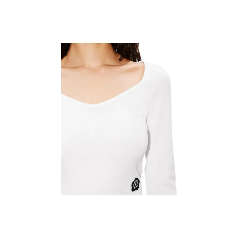 KENZO Logo Floral Emblem Cropped Long Sleeved T Shirt Women's White-5
