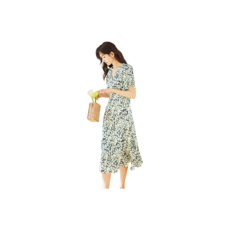 Hopeshow Short Sleeved Dresses Women's Black With Floral 658-3