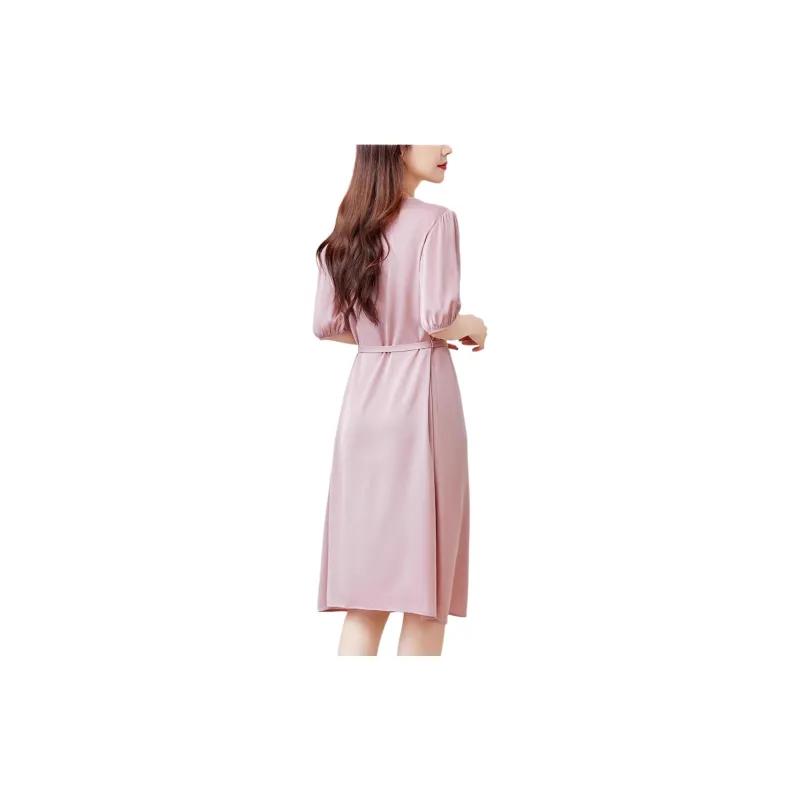 Yi Mengyuan Lace Up Silk Short Sleeved Dress Women's-17