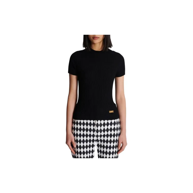 BALMAIN Logo Plaque Short Sleeved Ribbed Knit Top-3
