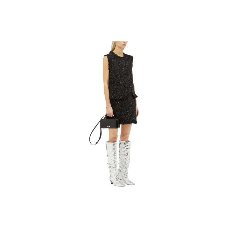 MSGM Sleeveless Frayed Edge Tweed Mini Dress-2