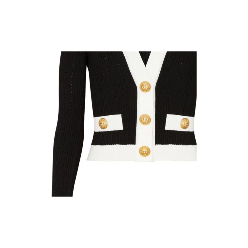 BALMAIN Contrast border Ribbed Knit Cardigan-5