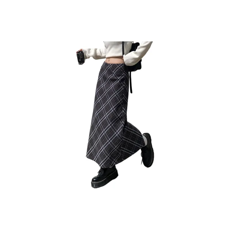 Kazakhstan Casual Long Skirts Women's Black Plaid-2