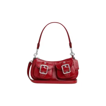 COACH Ashton Patent Leather Handbag, Shoulder Bag Medium Size Women's Silver & Red
