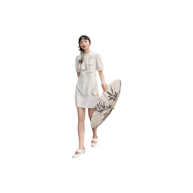 ZIHAN Short Sleeved Dress Women's White Cyan-1