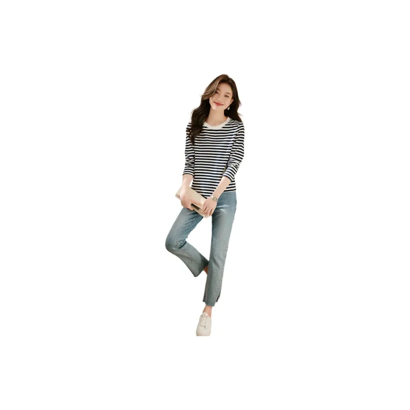 Mo Han Yi Mei Regular T Shirt Women's Navy Blue Stripes-1