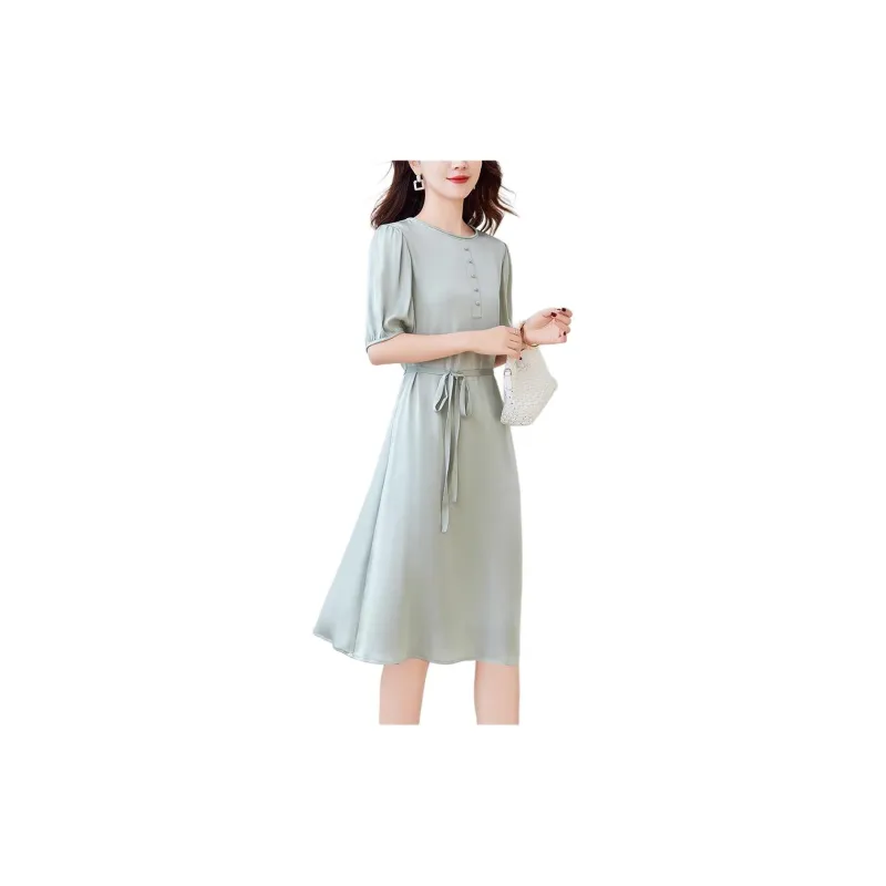Yi Mengyuan Lace Up Silk Short Sleeved Dress Women's-3