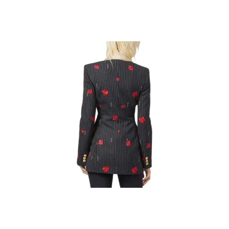 VERSACE Rose Print Striped Double Breasted Jacket 'Black'-3